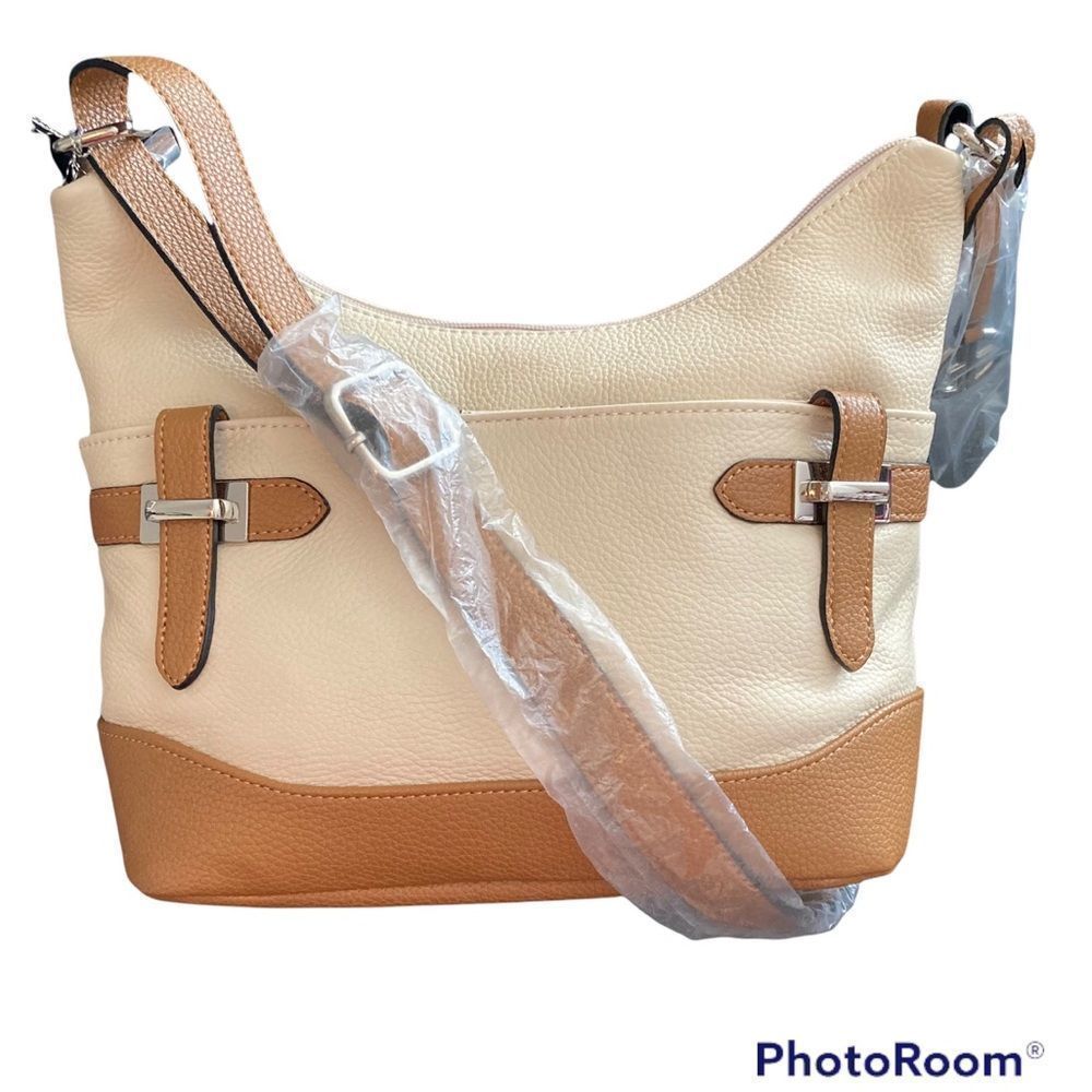 Giani Bernini Hobo Crossbody Bag Tan Ivory Colorblock Bridle Leather NEW